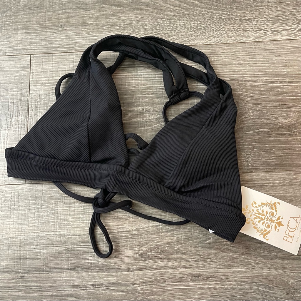 Becca Rebecca Virtue Black Ribbed Elaine Split Strap Halter Bikini Bra Top Sz S